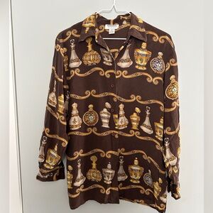 Vintage Gianna V2 100% Silk Blouse Perfume Bottle Print Brown Gold Size M